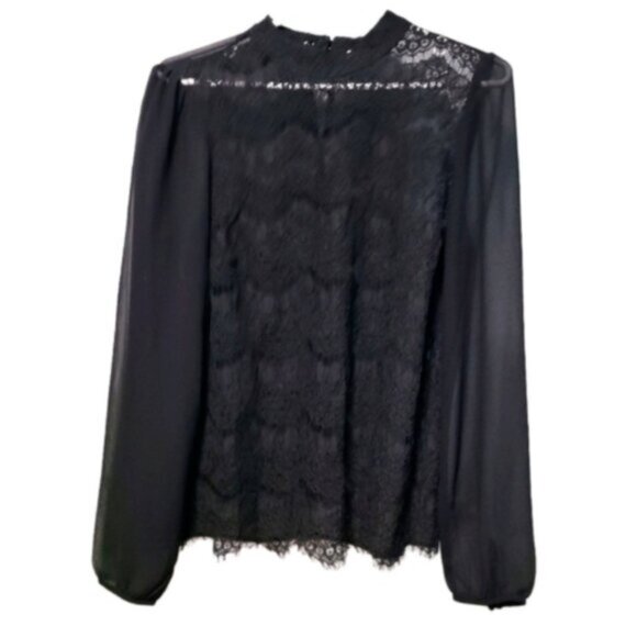 Forever 21 Black High Neck Lace Sheer See-Through Flounce Sleeve Blouse Shirt M - Picture 1 of 14